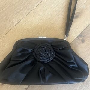 Nine West Elegant Black Satin Clutch with Floral Detail